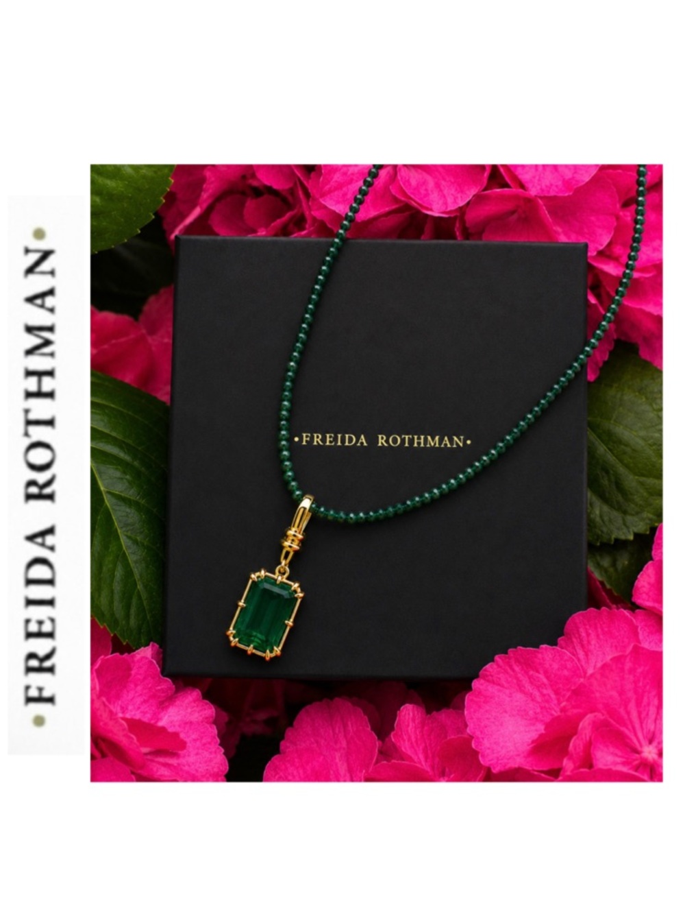 Freida Rothman Green Onyx Beaded Necklace with Faceted Emerald-Cut CZ Pendant
